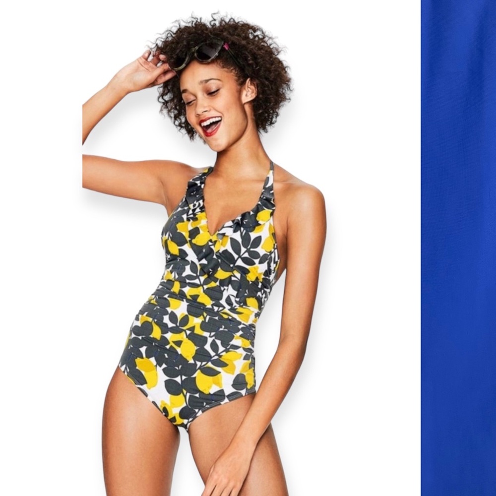 Boden Blue Trapani One Piece Swimsuit Ruffle Plunge Neckline Size 6